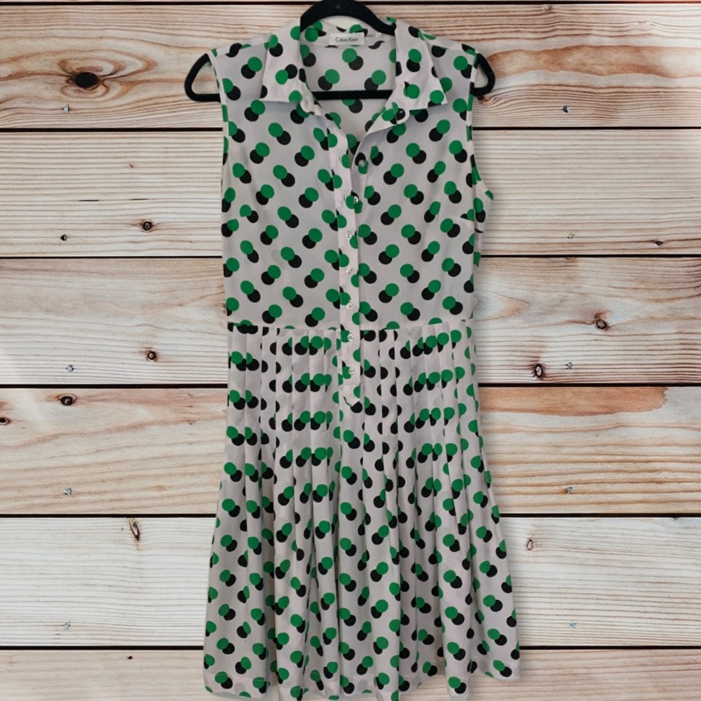 Calvin Klein white with blue and green polka dot sleeveless dress size medium